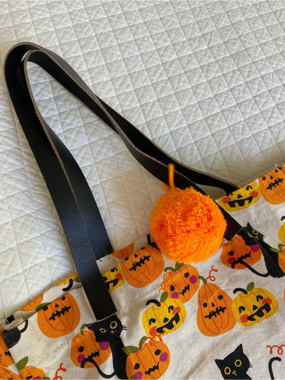 Eccolo Halloween Canvas Tote Bag Black Cat Jack O Lantern Pumpkin Pom Pom Kawaii
